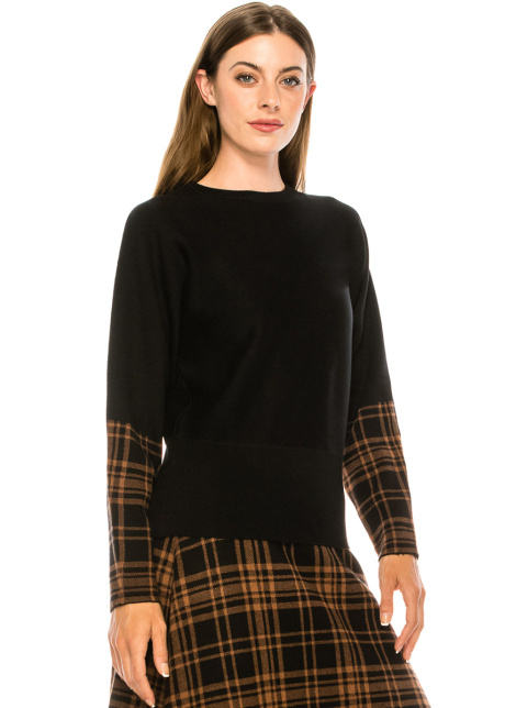 Black sweater with plaid printed accents