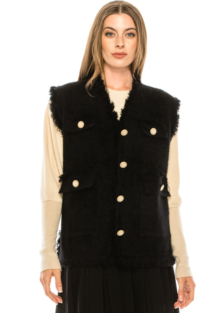 Buttoned  fringe trim vest with pockets