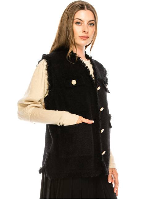 Buttoned  fringe trim vest with pockets