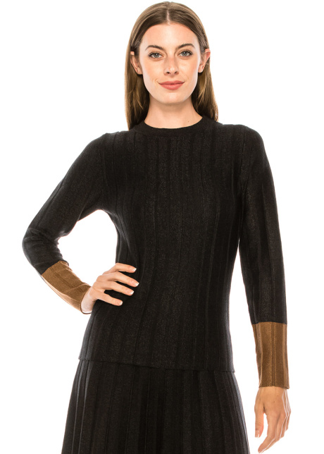 Long Sleeve Black Sweater with brown cuffs
