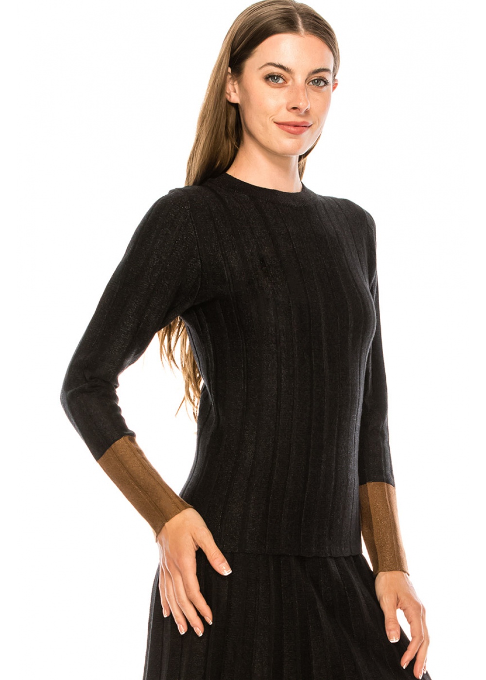 Long Sleeve Black Sweater with brown cuffs