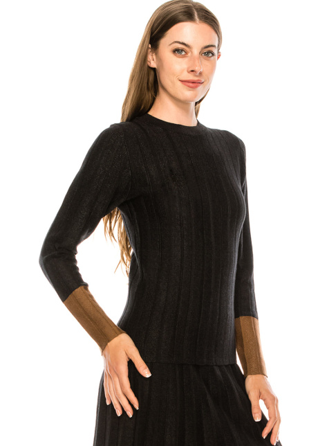 Long Sleeve Black Sweater with brown cuffs
