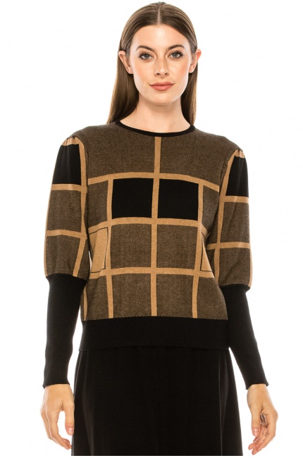 Checkered sweater with voluminous sleeves