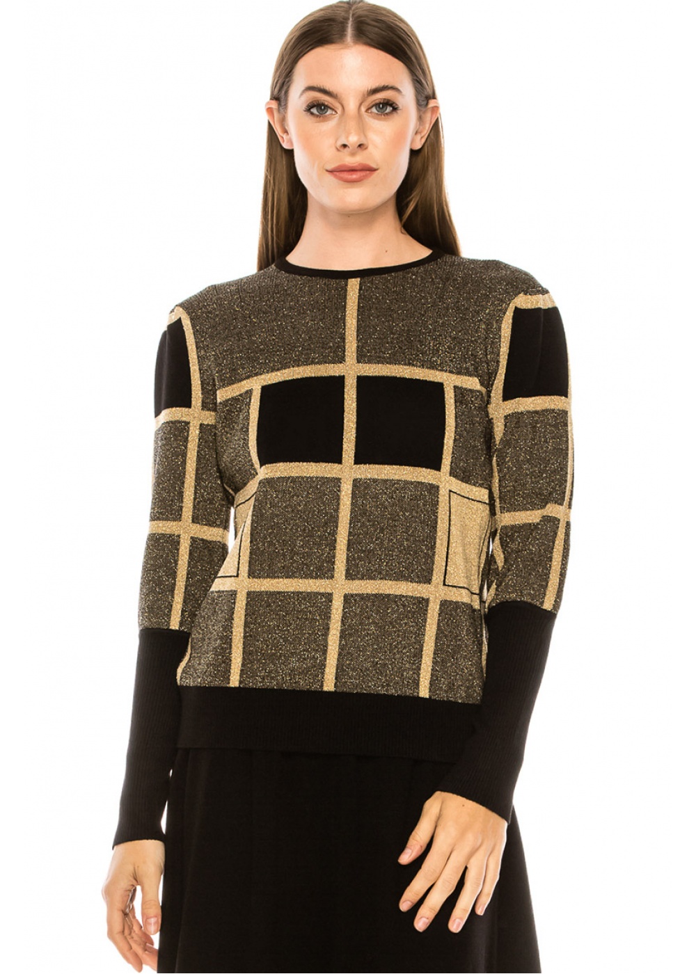Plaid golden sweater with voluminous sleeves
