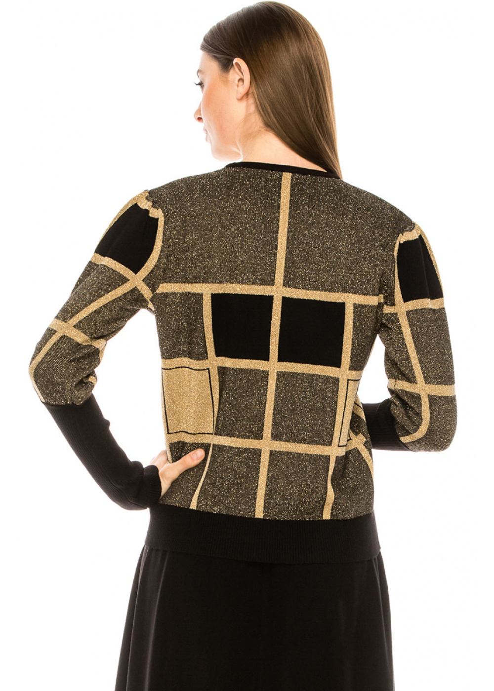 Plaid golden sweater with voluminous sleeves