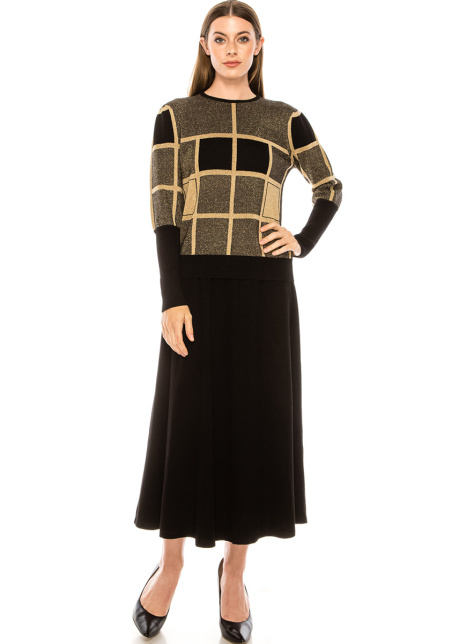 Plaid golden sweater with voluminous sleeves