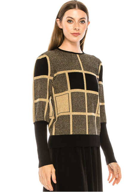 Plaid golden sweater with voluminous sleeves
