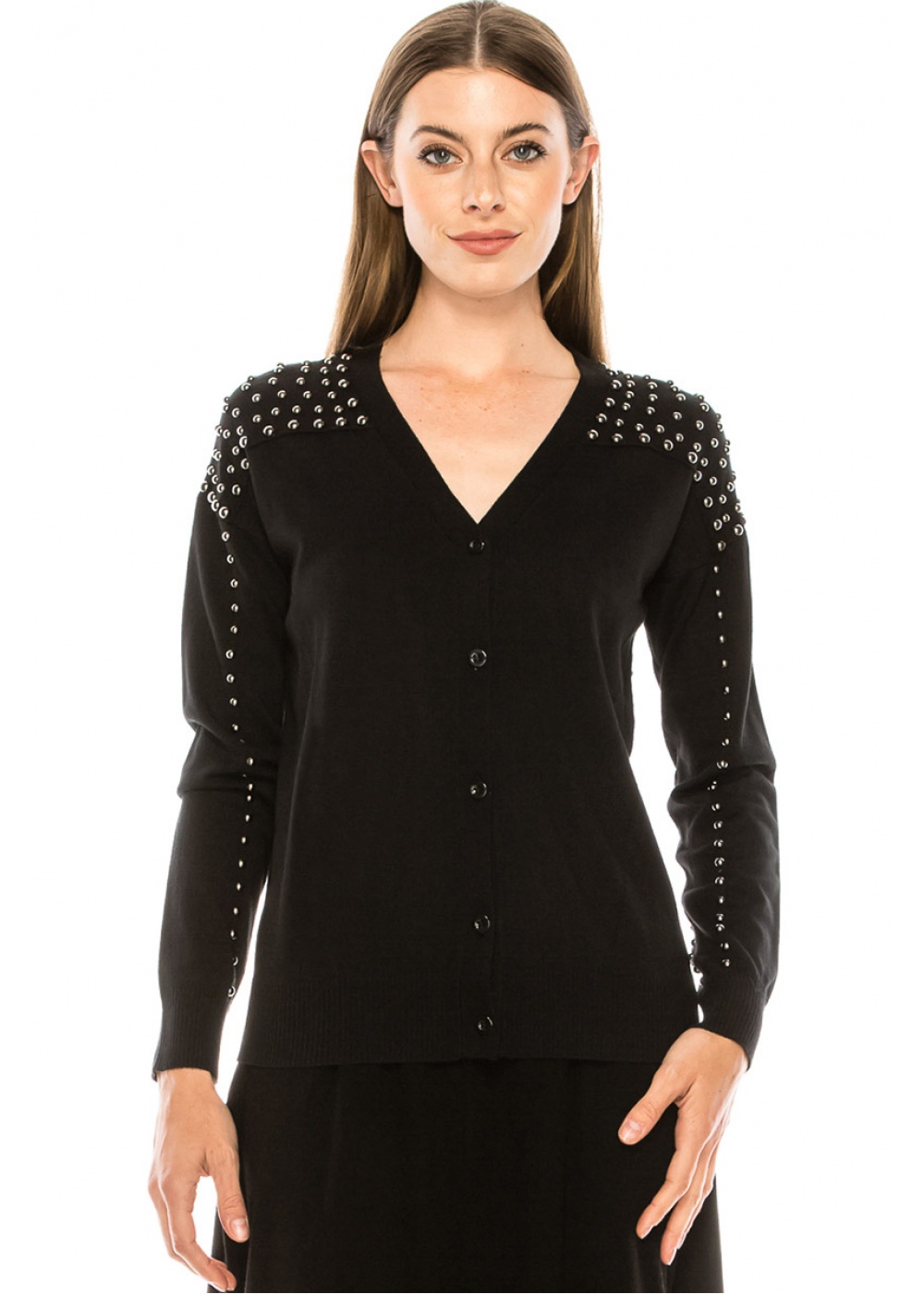 Classic V-neck cardigan with pearls | Modest Women Clothing - YAL New York