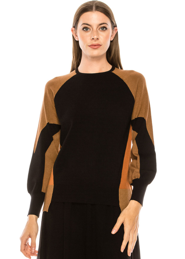 Color block sweater with blouson sleeves