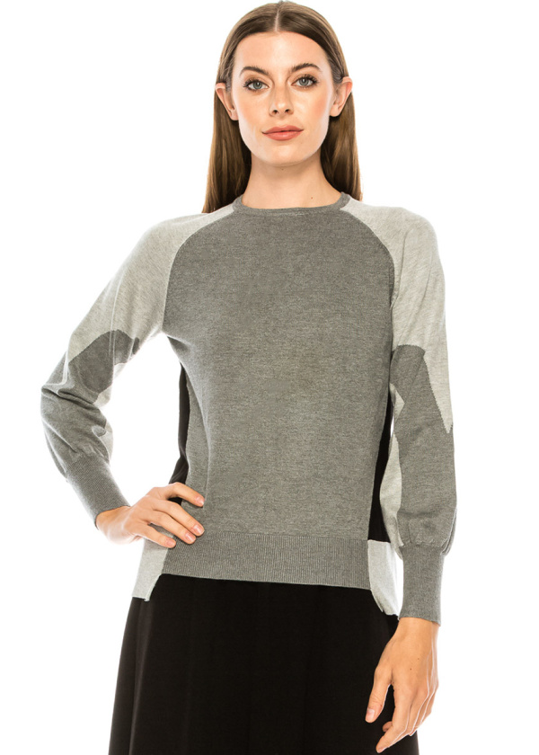 Color block sweater with blouson sleeves