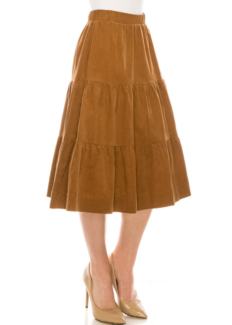 Ruffle Tiered Midi Skirt in Camel