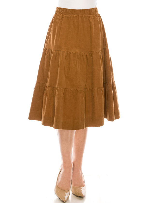 Ruffle Tiered Midi Skirt in Camel