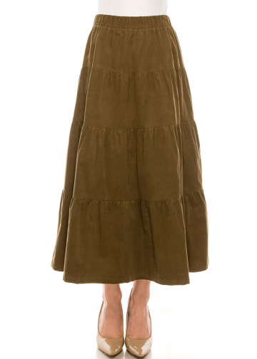 Ruffle Tiered Maxi Skirt in Olive Corduroy