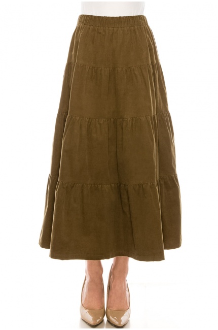 Ruffle Tiered Maxi Skirt in Olive Corduroy