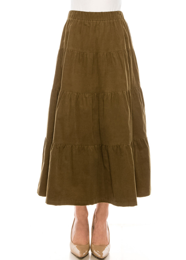 Ruffle Tiered Maxi Skirt in Olive Corduroy