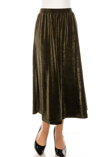 Flared hem velvet maxi skirt in olive