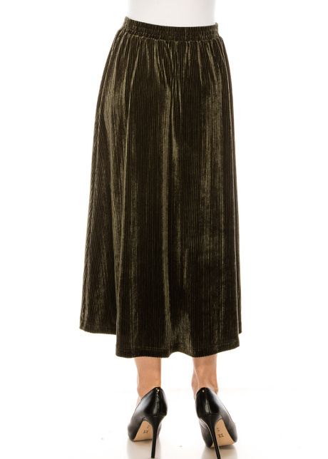 Flared hem velvet maxi skirt in olive