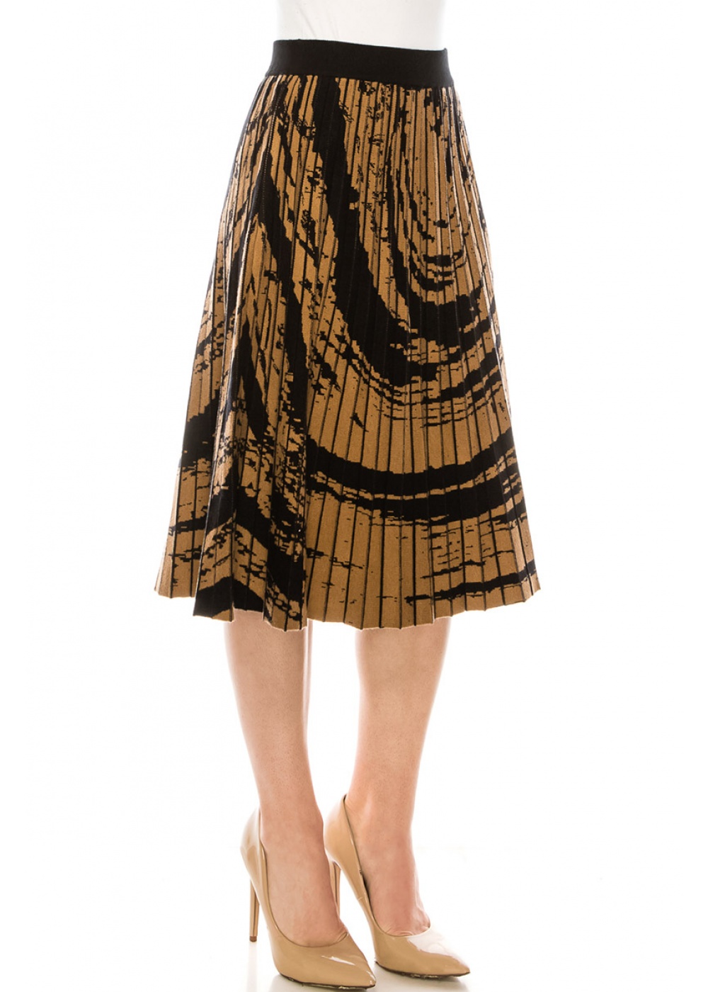 Abstract Pattern Pleated Skirt in Camel