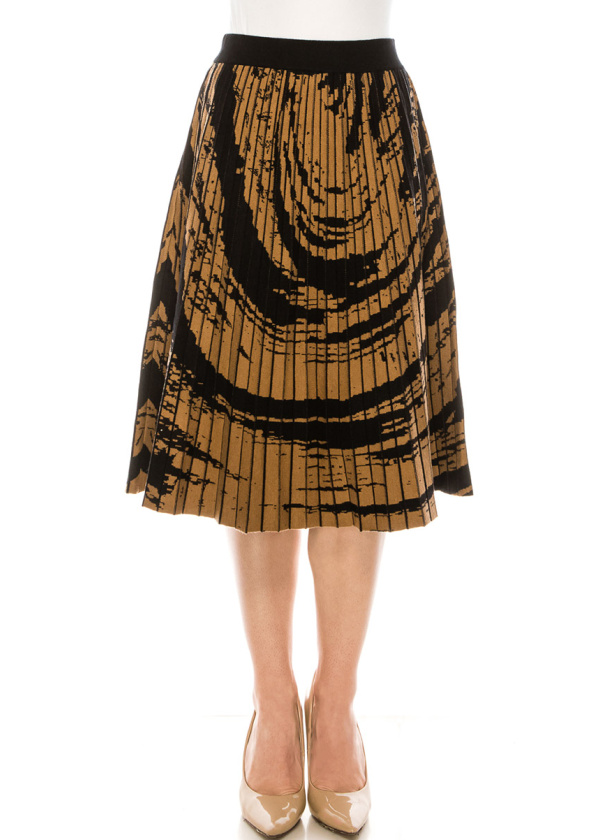 Abstract Pattern Pleated Skirt in Camel
