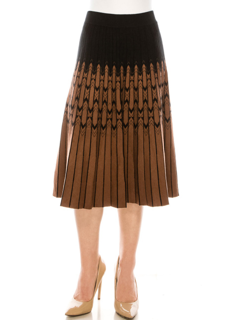 Fair Isle Pleated Skirt in Black and Camel