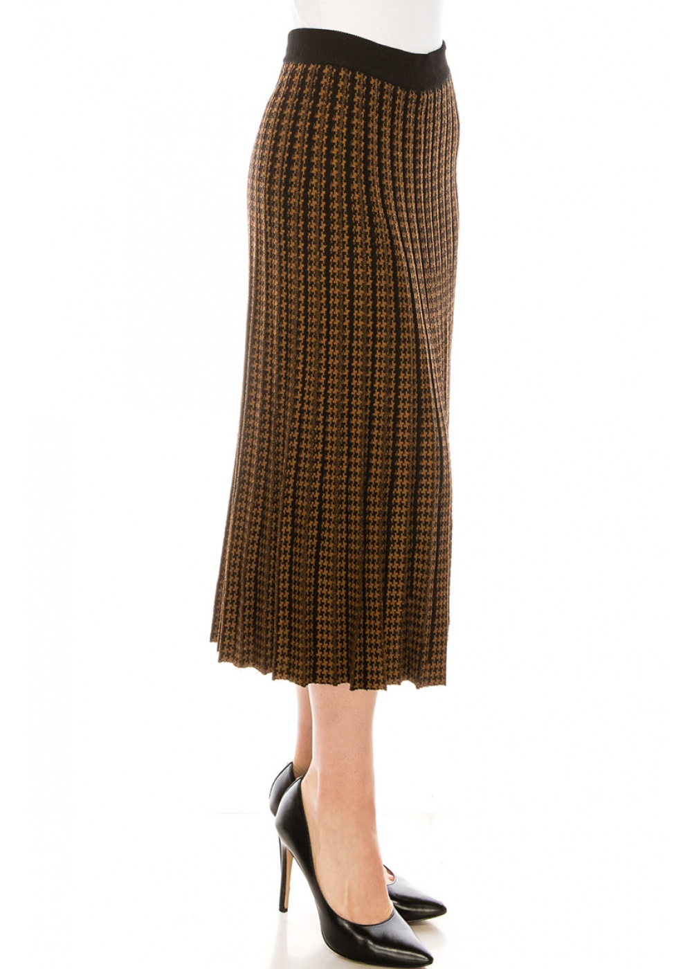 Houndstooth knit pleated skirt in rust