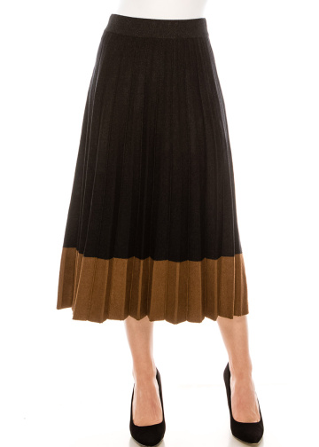 High-waist black pleated skirt with brown hem