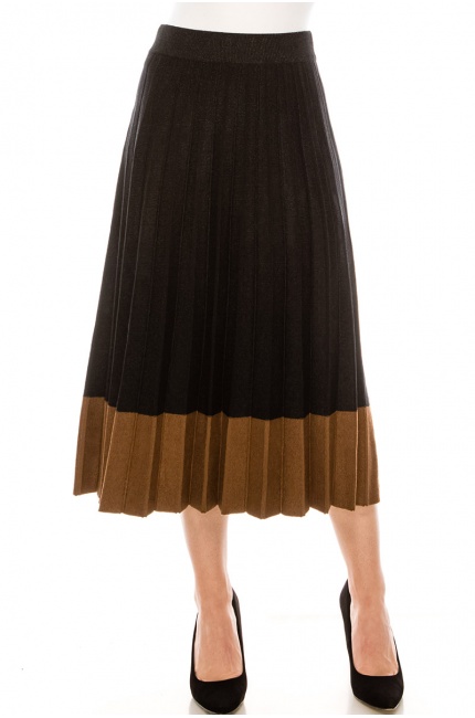 High-waist black pleated skirt with brown hem