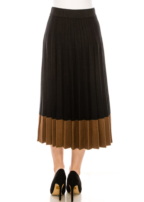 High-waist black pleated skirt with brown hem