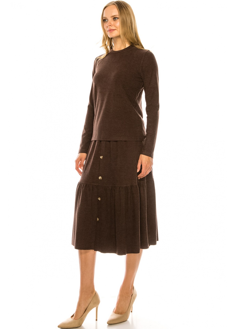 Button Front Skirt (Brown)