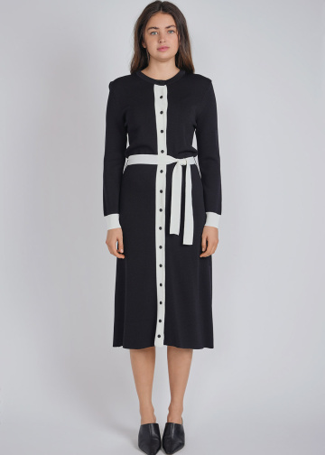 Elegant Black Knit Dress with White Accents