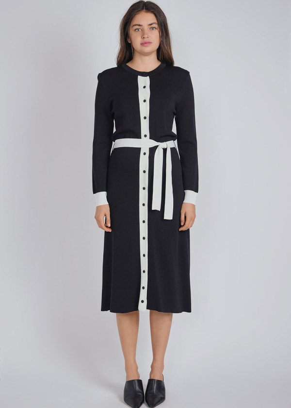 Elegant Black Knit Dress with White Accents
