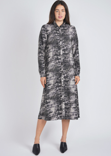 Shirt-Collared Grey Dress with Elegant Print