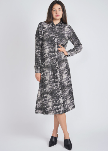 Shirt-Collared Grey Dress with Elegant Print