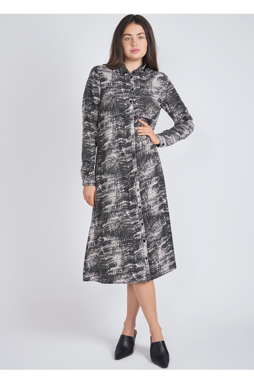 Shirt-Collared Grey Dress with Elegant Print