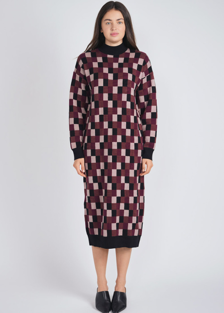 Burgundy Knit Dream: Dress with Classic Check Pattern