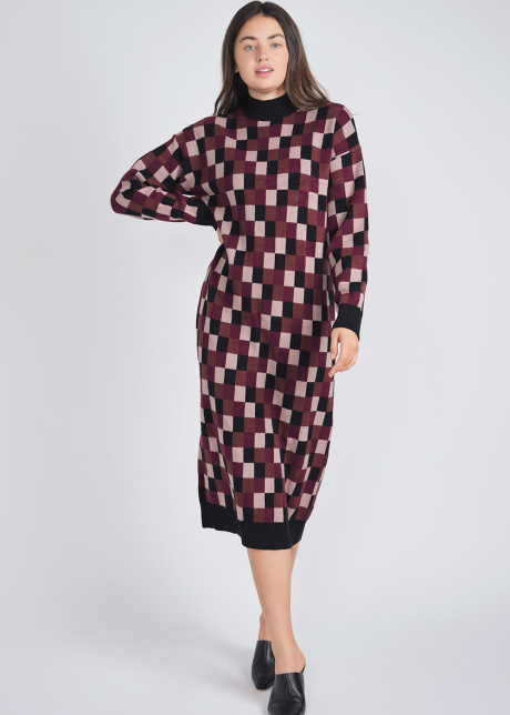 Burgundy Knit Dream: Dress with Classic Check Pattern