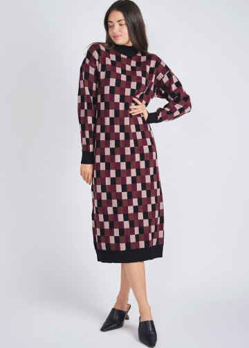 Burgundy Knit Dream: Dress with Classic Check Pattern