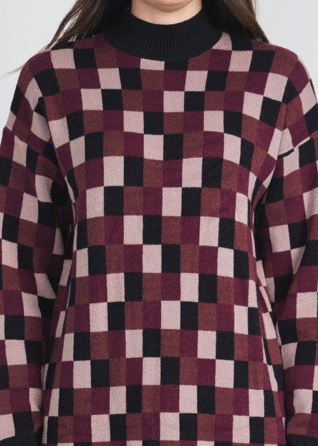 Burgundy Knit Dream: Dress with Classic Check Pattern
