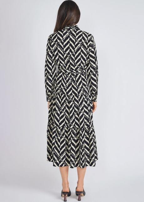Long-Sleeved Black & White Dress with Classic Shirt Neckline