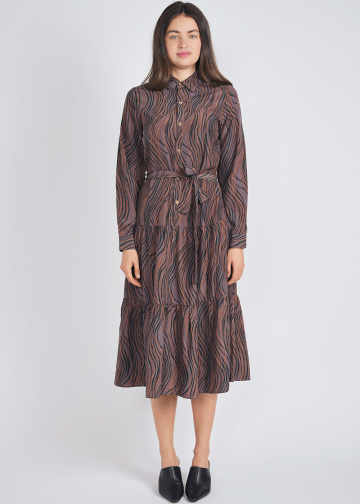 Purple Print Elegance: Belted Midi with Buttons