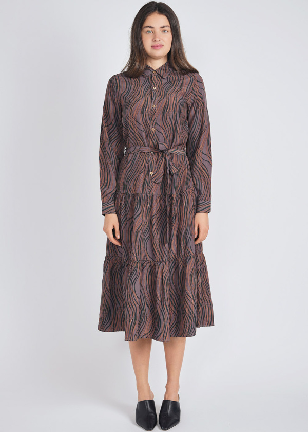 Purple Print Elegance: Belted Midi with Buttons