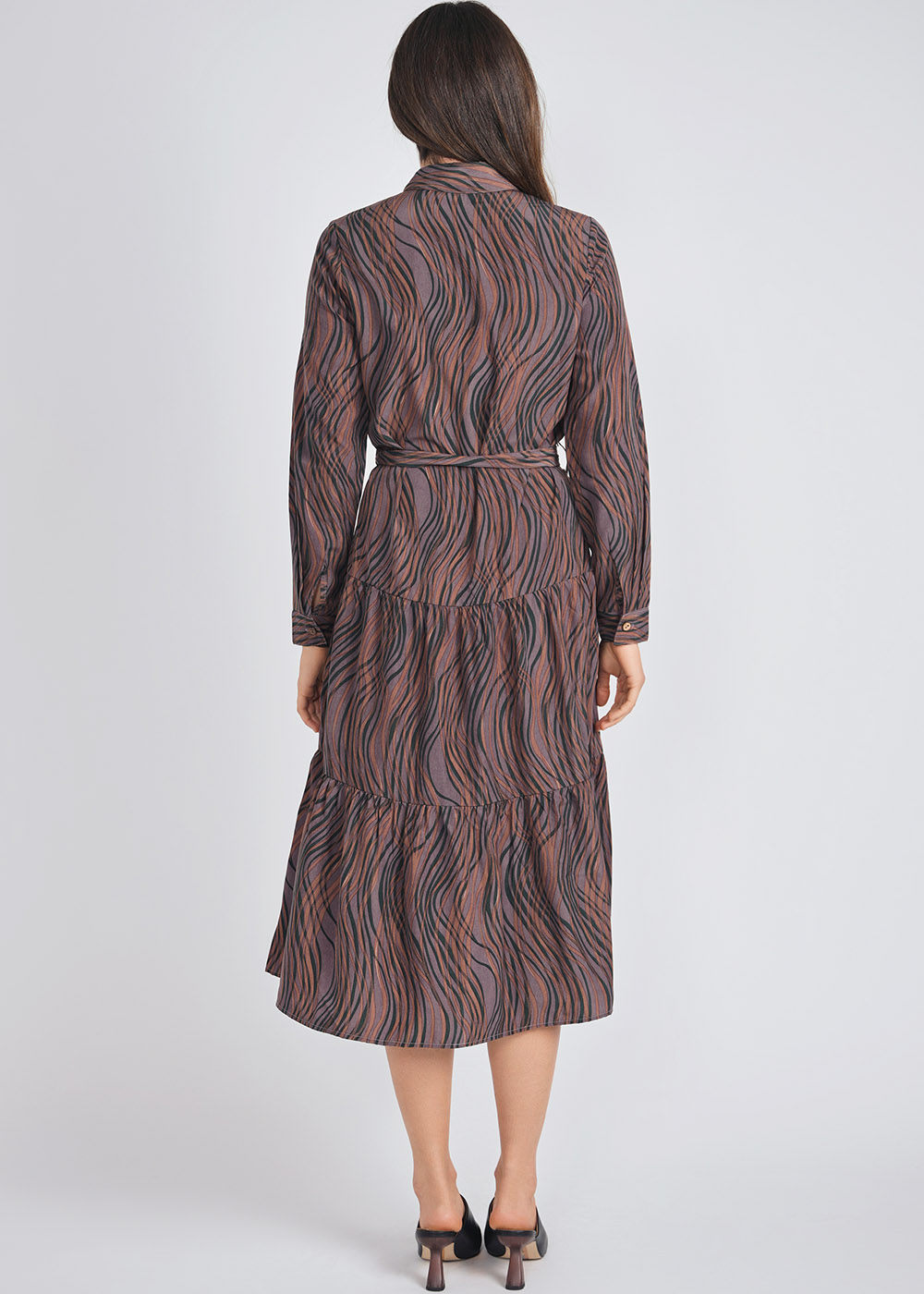 Purple Print Elegance: Belted Midi with Buttons