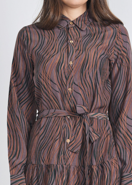 Purple Print Elegance: Belted Midi with Buttons