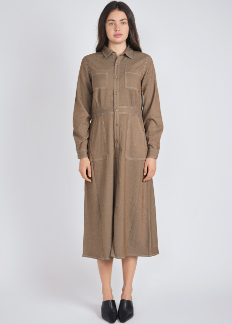 Everyday Camel Dress with Collar & Pocket Accents