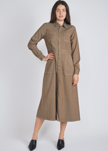 Everyday Camel Dress with Collar & Pocket Accents