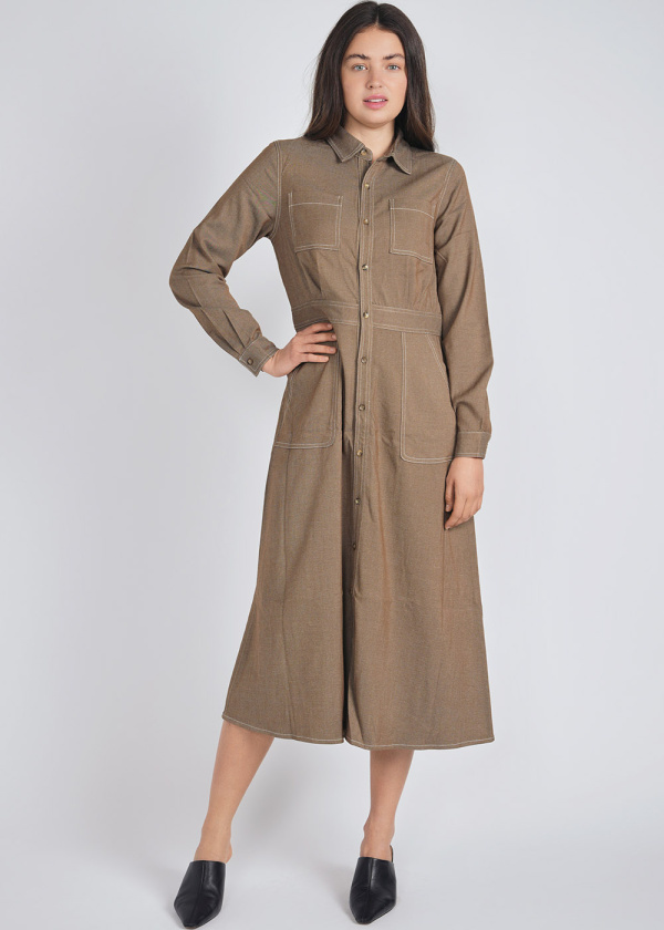 Everyday Camel Dress with Collar & Pocket Accents