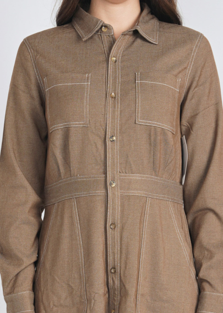 Everyday Camel Dress with Collar & Pocket Accents