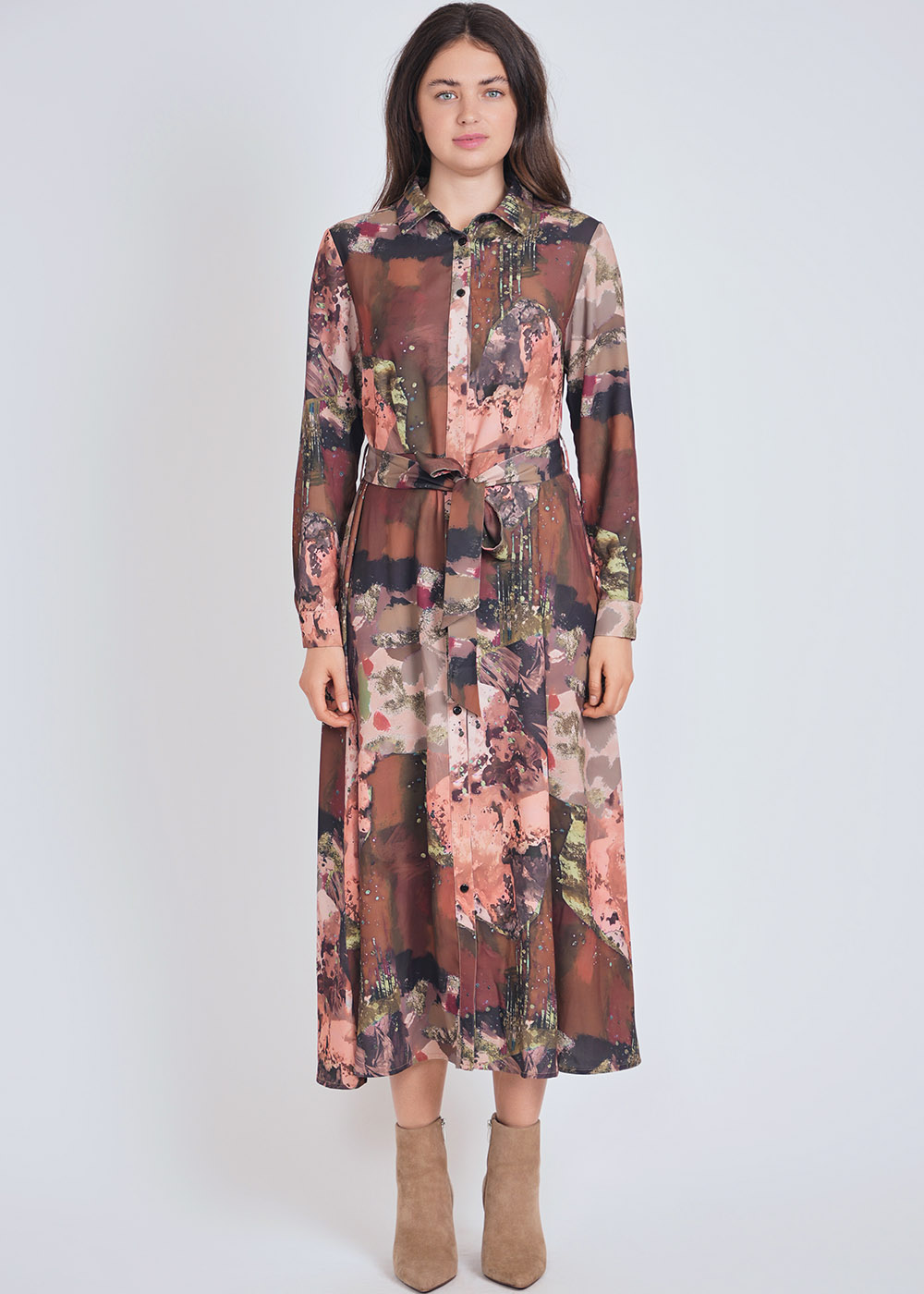 Belted Brown Dress with Abstract Print & Long Sleeves