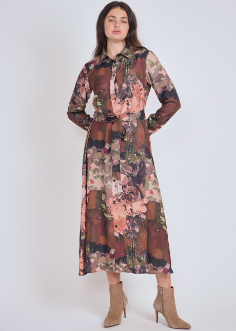 Belted Brown Dress with Abstract Print & Long Sleeves
