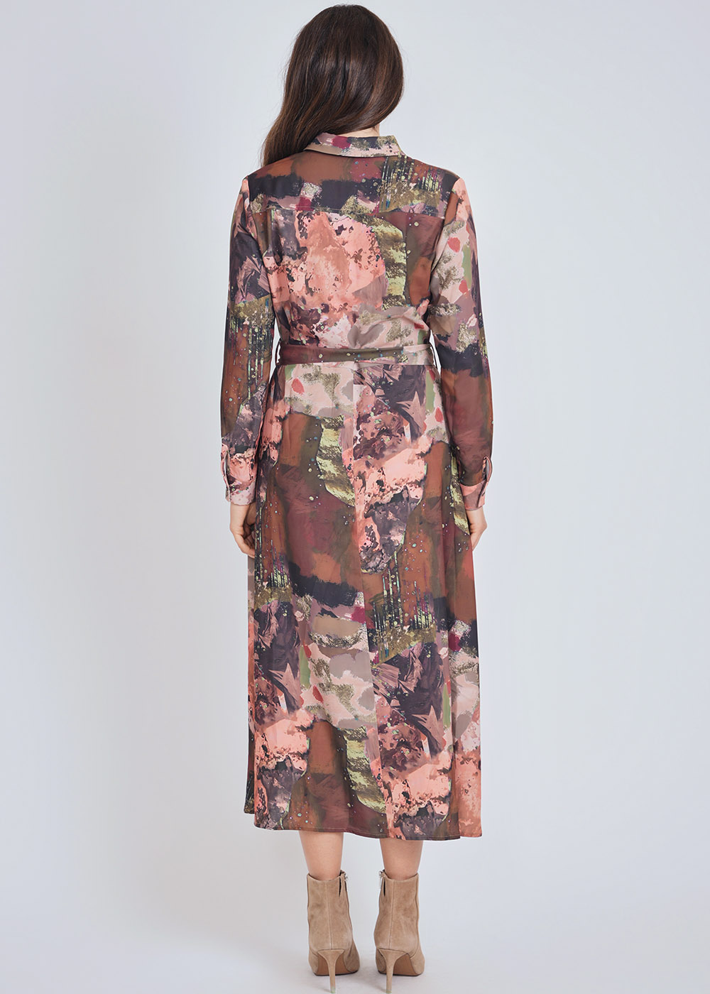 Belted Brown Dress with Abstract Print & Long Sleeves